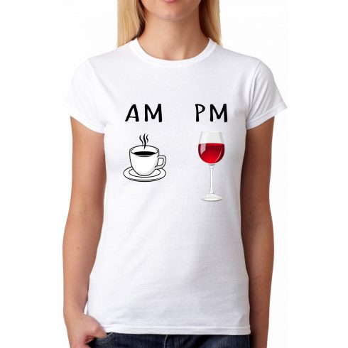 Бяла дамска тениска - AM Coffee pm Wine